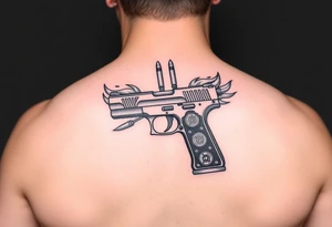 9mm gun with Egyptian detail on handle gun surrounded by flames and two bullets shooting out of gun tattoo idea