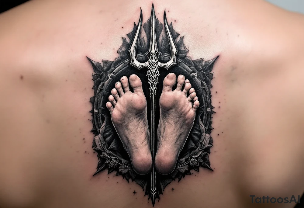 barefeet behind trident tattoo idea