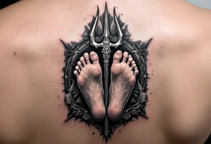 barefeet behind trident tattoo idea