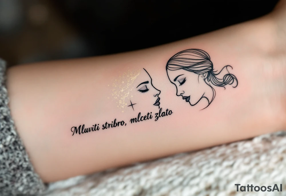 "Mluviti stribro, mlceti zlato." — Two side-by-side faces, one made of silver lines speaking and the other in gold leaf in silence, framed with the quote in refined black type. tattoo idea