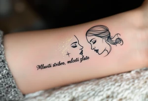 "Mluviti stribro, mlceti zlato." — Two side-by-side faces, one made of silver lines speaking and the other in gold leaf in silence, framed with the quote in refined black type. tattoo idea