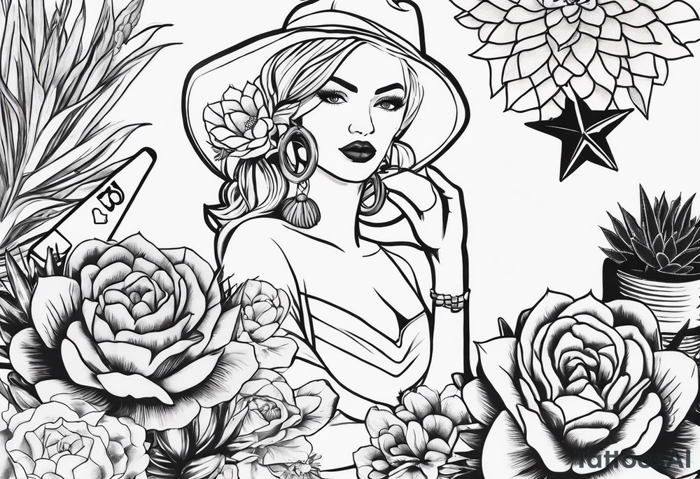 womens western sticker tattoo sleeve with playing cards, snakes, and cactuses with flowers in the background tattoo idea