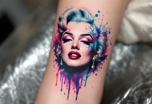 A surrealist Marilyn Monroe portrait melting into pink, purple, and blue ink drips. tattoo idea