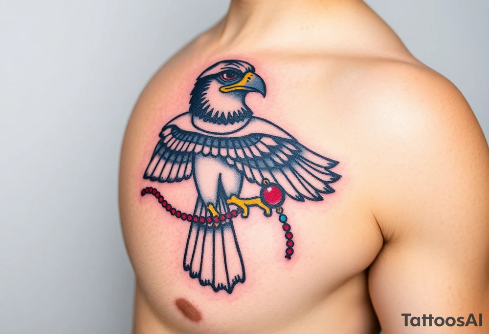 An Egyptian Falcon (Horus) Carrying a Rosary (only red , blue and black are possible colors) tattoo idea