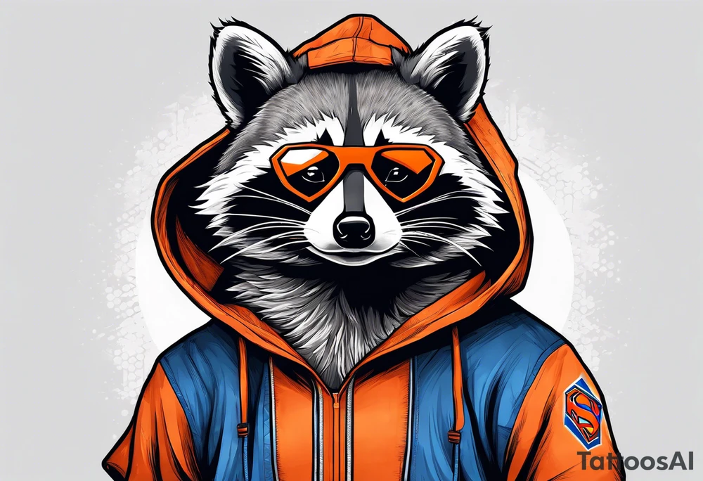Raccoon wearing an orange Superman hoodie tattoo idea