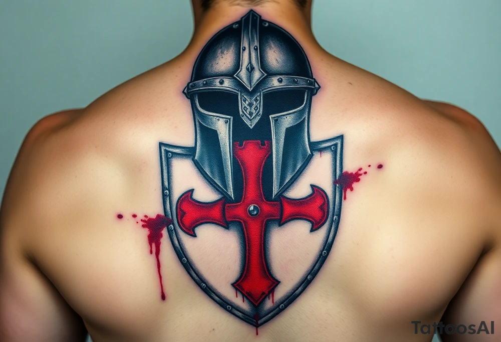 A black and silver medieval helmet with battle scars, resting on a bloodstained Templar shield with a bold red cross at its center tattoo idea