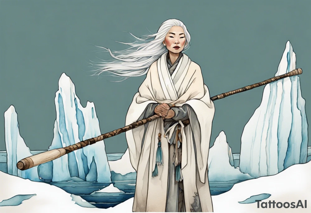 an Inuit woman with white hair and a white robe holding a long ivory bowstaff, standing on an iceberg tattoo idea