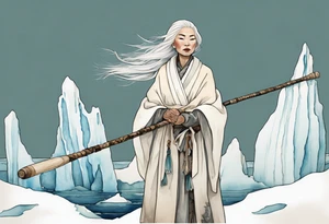 an Inuit woman with white hair and a white robe holding a long ivory bowstaff, standing on an iceberg tattoo idea