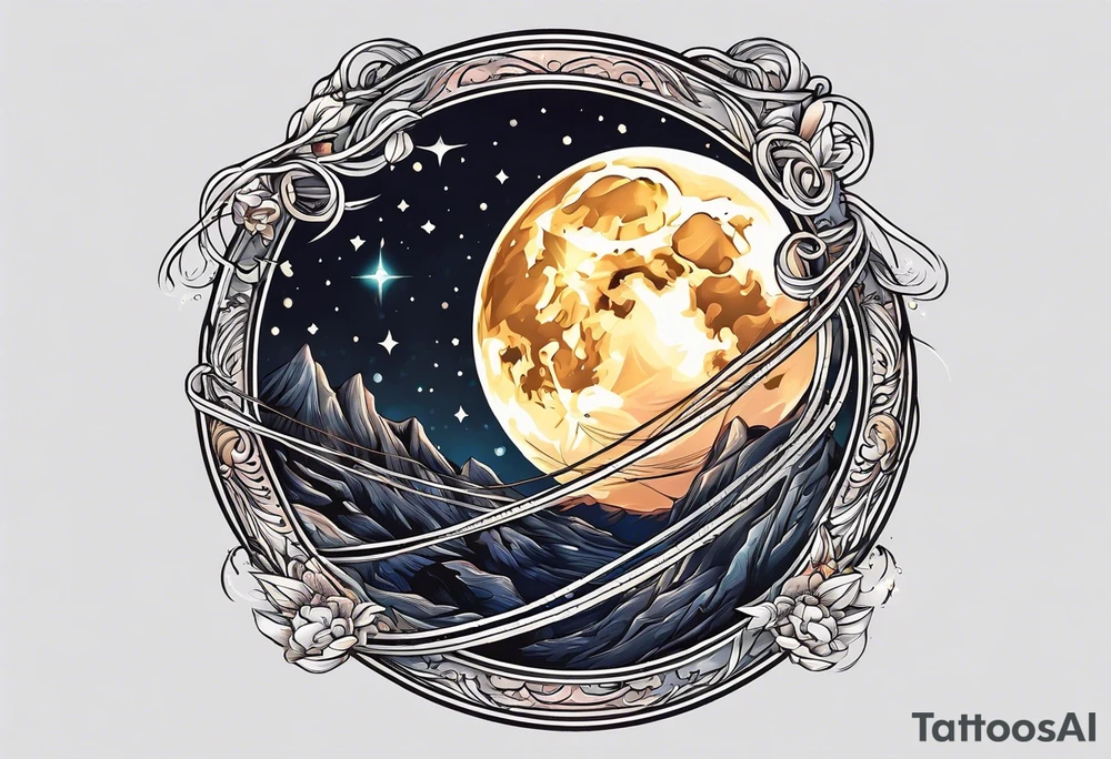 a full moon with a lasso around it and stars in the background tattoo idea