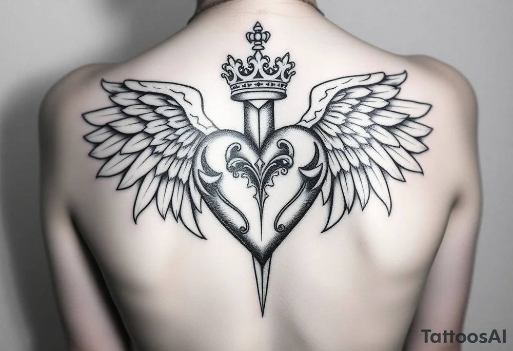 Sensual femeninepowerful 3d heart with the sword hilt on top an a crown on a top side, sith two angel gothic wings spread, but a but apart from the heart. It will be located on the coxis tattoo idea