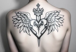Sensual femeninepowerful 3d heart with the sword hilt on top an a crown on a top side, sith two angel gothic wings spread, but a but apart from the heart. It will be located on the coxis tattoo idea