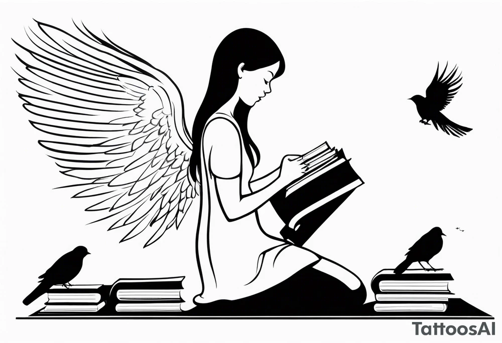 Kneeling Girl with angel wings, side profile, holding a stack of books that are open with silhouettes of birds flying out of them tattoo idea