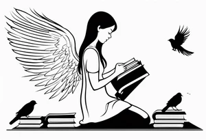 Kneeling Girl with angel wings, side profile, holding a stack of books that are open with silhouettes of birds flying out of them tattoo idea