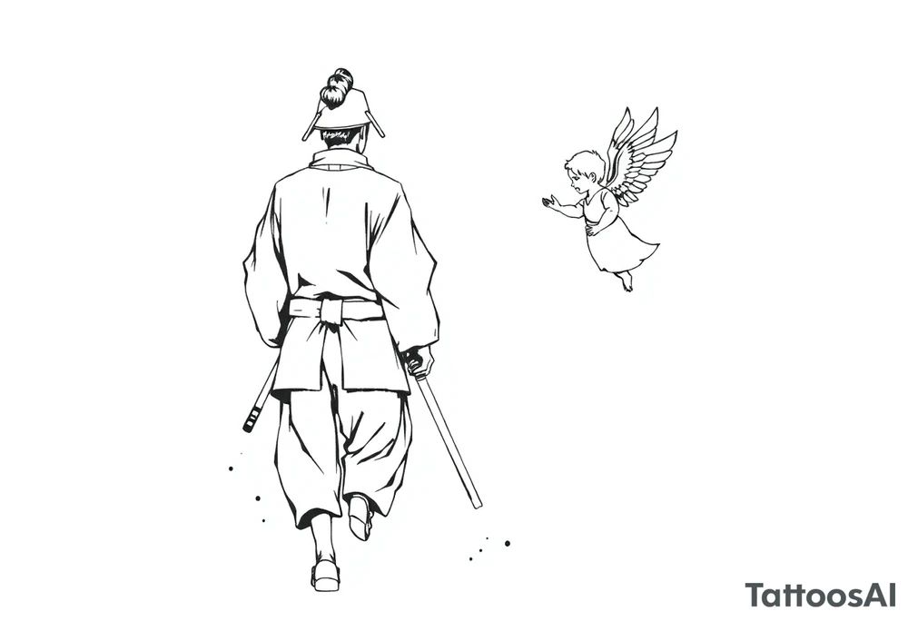 Blackwork tattoo illustration of a samurai walking forward, seen from behind. The samurai wears a traditional kimono and hakama, holding two long katanas in a relaxed but ready pose. To his right, a small child angel with detailed feathered wings floats in the air, gently reaching toward him with an outstretched hand. Strong contrast, dynamic ink splatters, sumi-e brush stroke effects, minimalist white background, dramatic lighting, emotional and symbolic composition, high-detail linework tattoo idea