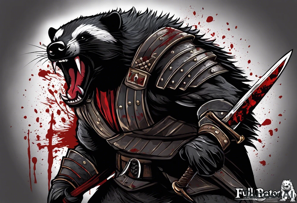 Draw me psychopath Honey Badger/Berserker with aggressive full body, killer face with a scary smile, very long nails and he attacks like a Bloody Assassin/Warrior/Gladiator to us and also, he has very deadly looking. He fights with his nails. Everybody scares after their first sight. Give me horror type Badger Tattoo. I want to see his Realistic full body with no weapons. You can show destruction. tattoo idea