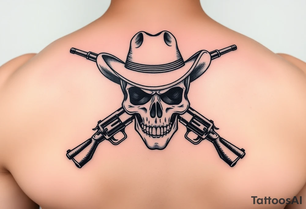 skull with cowboy-hat beneath two guns. tattoo idea