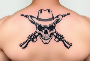 skull with cowboy-hat beneath two guns. tattoo idea