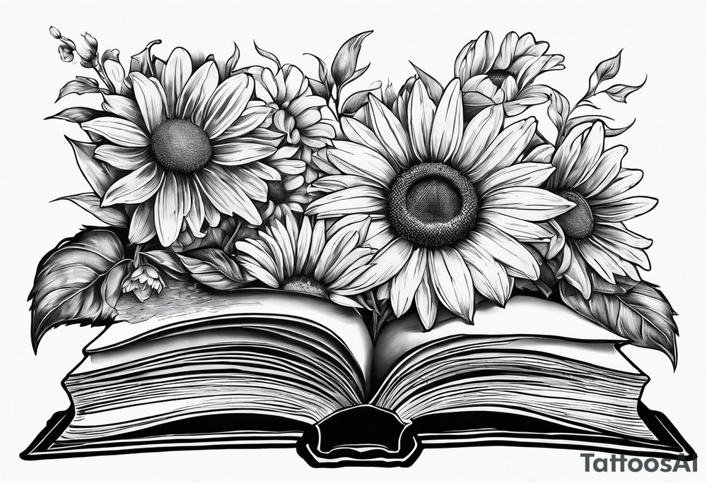 open book with daisies and a sunflower tattoo idea