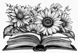 open book with daisies and a sunflower tattoo idea