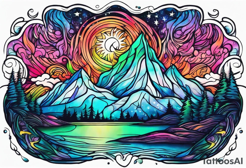 northern lights and mountain square shaped tattoo idea