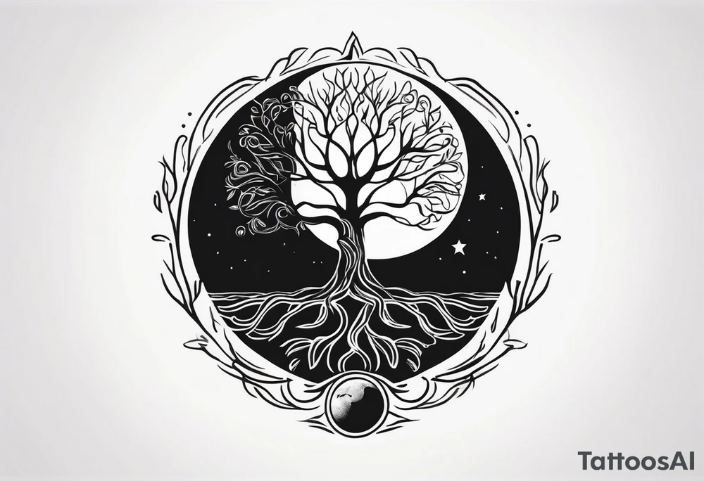 Tree of life with deep roots, the tree is holding the sun and the moon tattoo idea