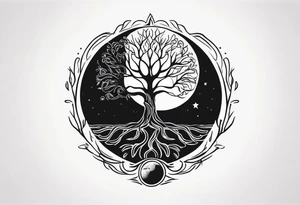 Tree of life with deep roots, the tree is holding the sun and the moon tattoo idea