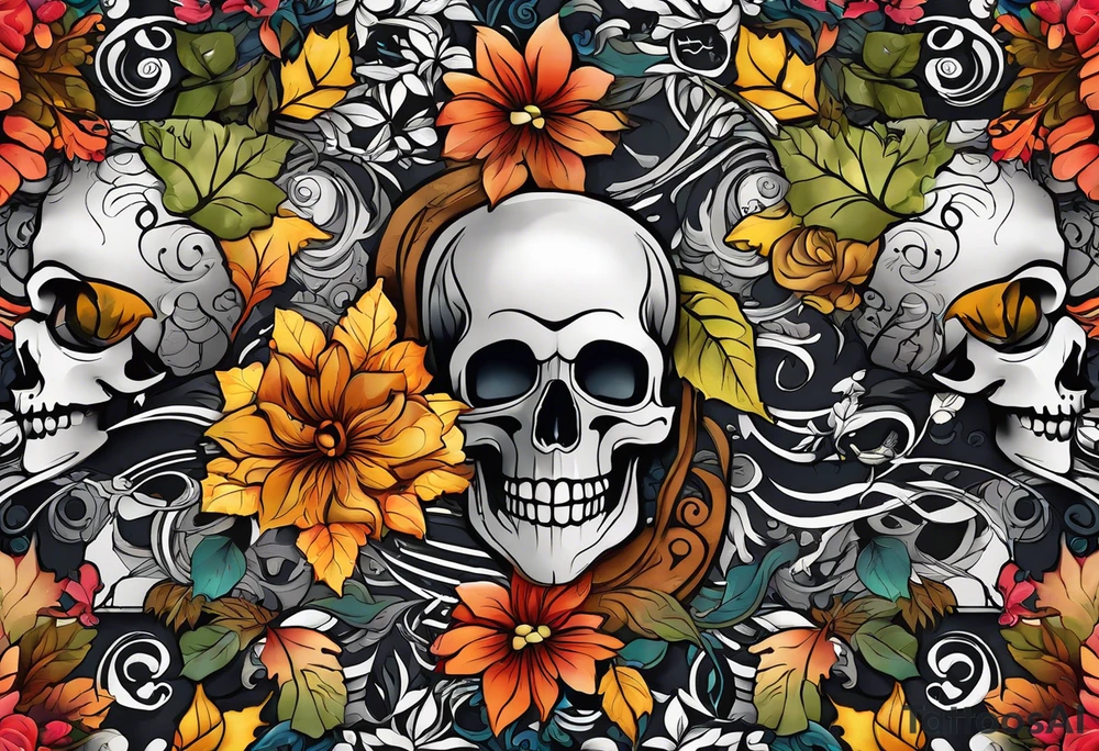 arm sleeve with fall colors, flowers, water flow shapes, leaves and various natural shapes, music notes, skulls tattoo idea