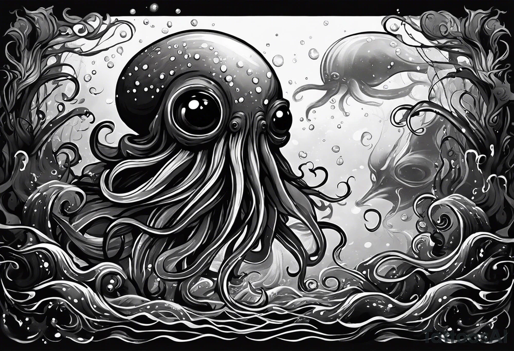 A visual representation of the horror squid concept, showing the squid becoming invisible in ink, its body turning black to blend in with its deep sea environment. The overall environment is dark, creating an eerie underwater atmosphere. tattoo idea