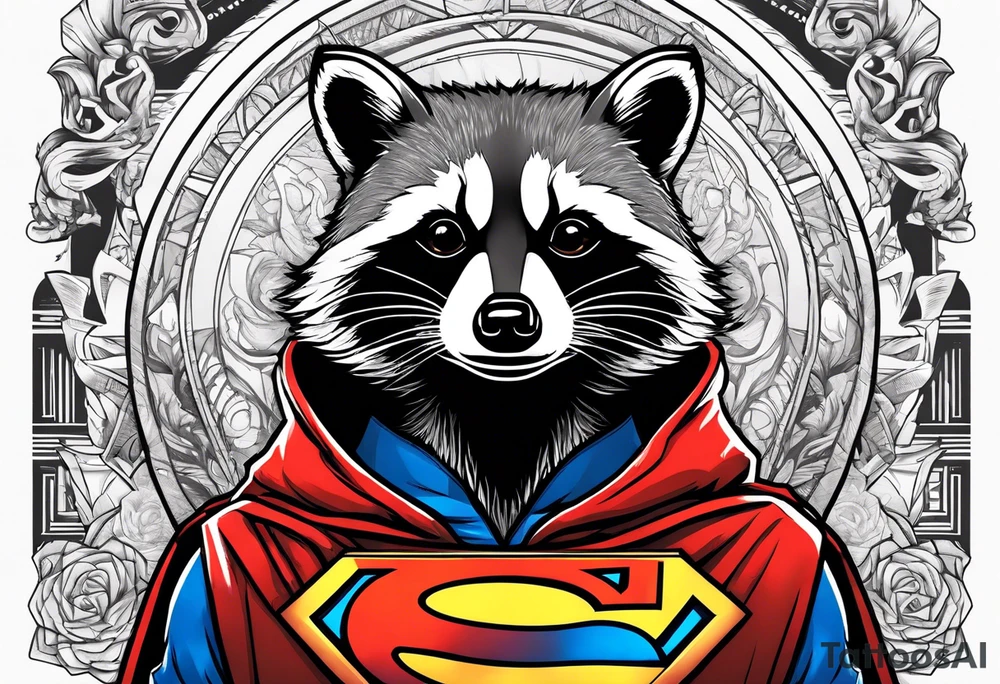 raccoon wearing a Superman hoodie tattoo idea
