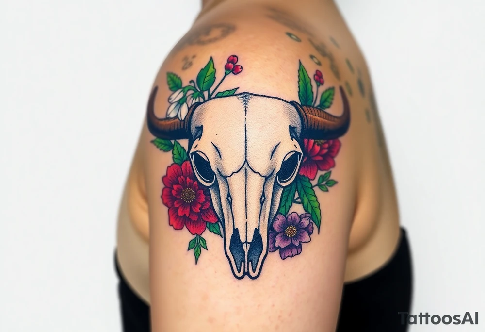 Buffalo or bison skull with flowers. Snow drop and red peony. Green holly with red berries, purple larkspur, red peony.  Colour. For upper arm or shoulder. tattoo idea