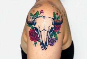 Buffalo or bison skull with flowers. Snow drop and red peony. Green holly with red berries, purple larkspur, red peony.  Colour. For upper arm or shoulder. tattoo idea
