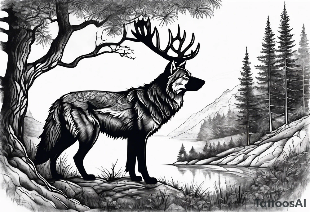 landscape with wolf and stag tattoo idea