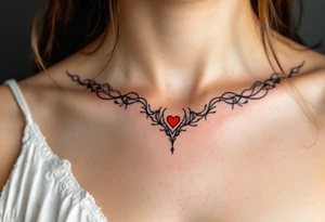 Black fine-line coordinates with a tiny red heart on the collarbone mark where your love began. tattoo idea