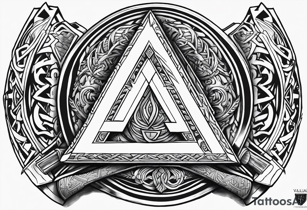 Valhalla sword shield axe Valknut fire tattoo idea