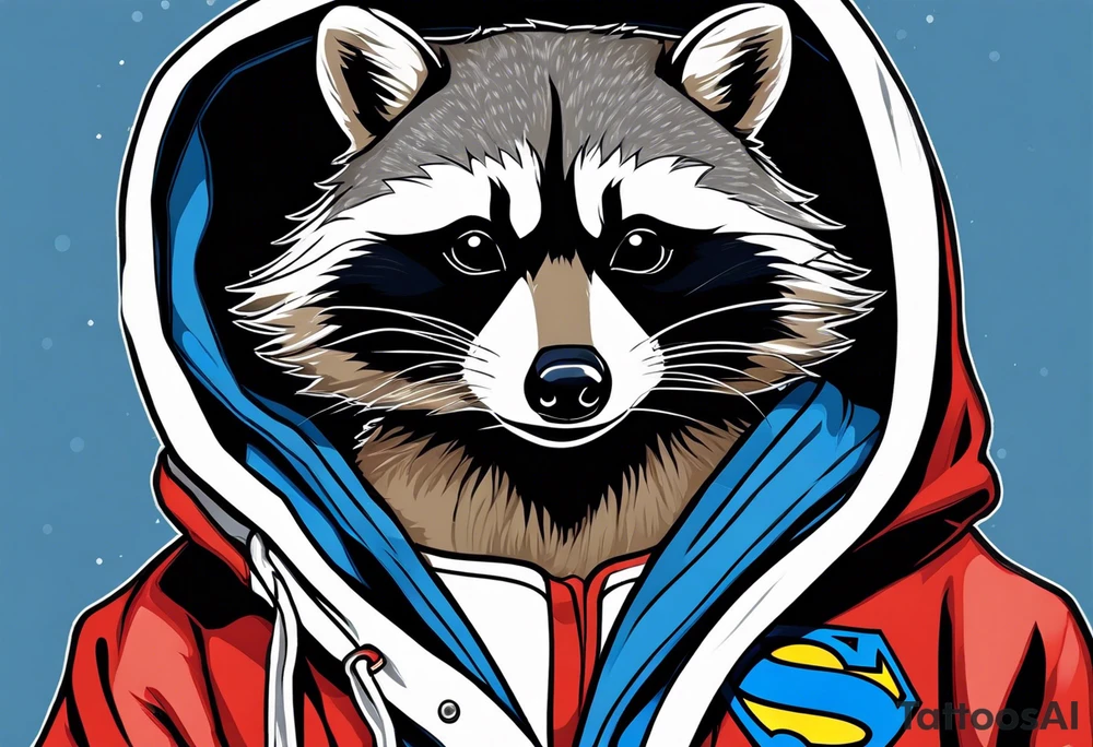 raccoon wearing a Superman hoodie tattoo idea