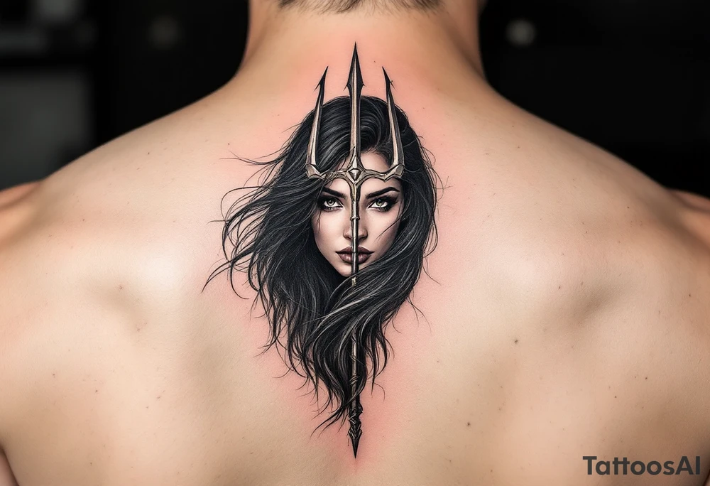 gentle woman face with black hair behind trident tattoo idea