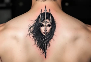 gentle woman face with black hair behind trident tattoo idea