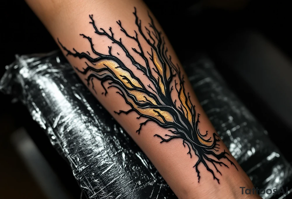 A fusion design of organic veins and metallic elements in jet black and bronze, blending with skin through shadowed transitions. tattoo idea