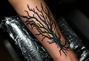 A fusion design of organic veins and metallic elements in jet black and bronze, blending with skin through shadowed transitions. tattoo idea