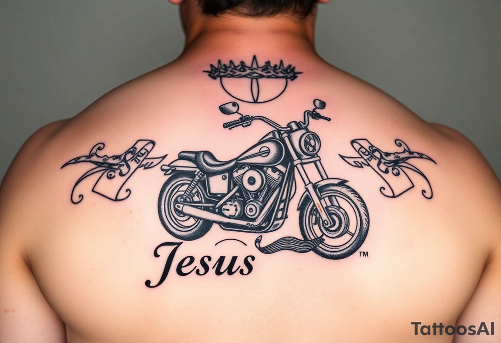 The words Jesus Fine. A Harley motorcycle a crown of thorns and a bible tattoo idea