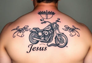 The words Jesus Fine. A Harley motorcycle a crown of thorns and a bible tattoo idea