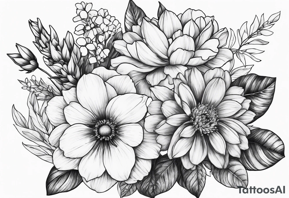 Bouquet of birth flowers tattoo idea