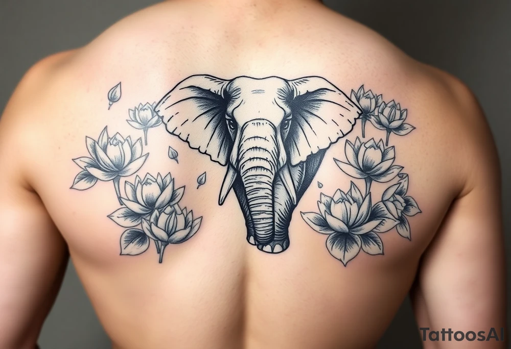 fierce elephant emerging through blooming lotus flowers in mist tattoo idea