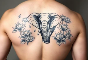 fierce elephant emerging through blooming lotus flowers in mist tattoo idea