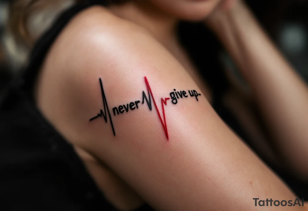 A heartbeat line turning into the words "never give up", in ink-black with a red pulse highlight. tattoo idea