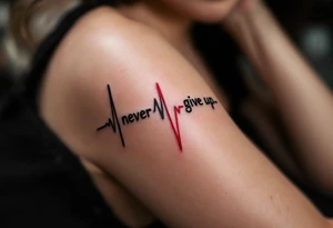 A heartbeat line turning into the words "never give up", in ink-black with a red pulse highlight. tattoo idea