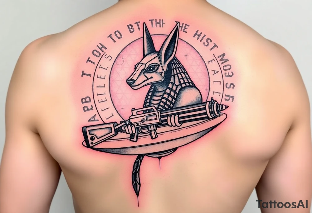 "Anubis in a ufo, holding a tommy gun. His jackal head is half-cyborg (exposed circuits). Hieroglyph background spells 'BTC TO THE MOON'.  

Style: Art Deco meets cyber-Egyptian. Black/red/gold ink. Forearm sleeve." tattoo idea