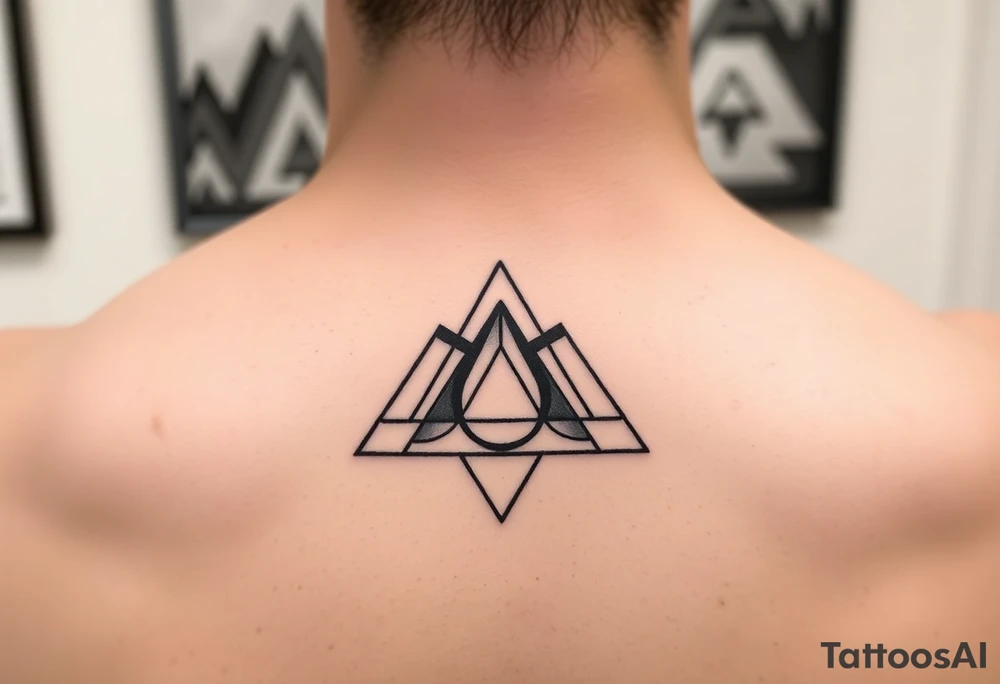 Geometric small triangle with different lives merge together while being psychedelic with fine thin lines tattoo idea