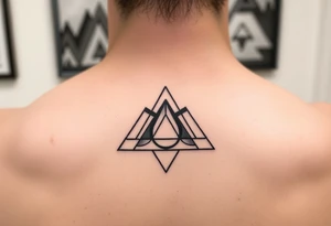 Geometric small triangle with different lives merge together while being psychedelic with fine thin lines tattoo idea