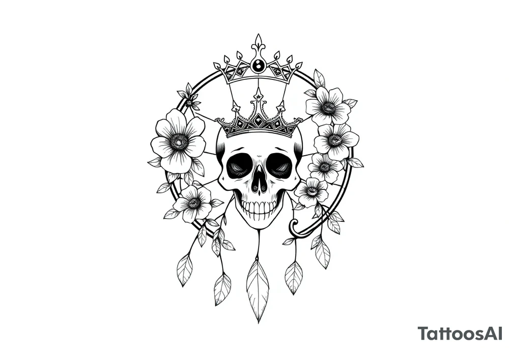Mandala dream catcher with detailed beautiful gothic boho flowers on vine and skull with gorgeous crown tattoo idea